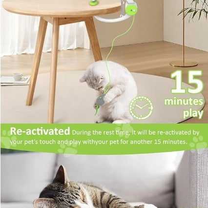 Automatic interactive cat toy with a white and blue door hanger, retractable string, and grey mouse lure. - Image 4