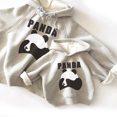 Grey parent-child matching hoodies with a black and white panda graphic and "PANDA" text. - Image 3