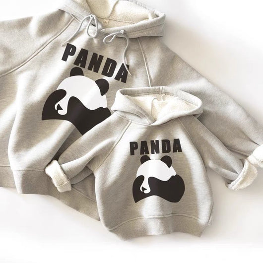 Grey parent-child matching hoodies with a black and white panda graphic and "PANDA" text. - Image 3