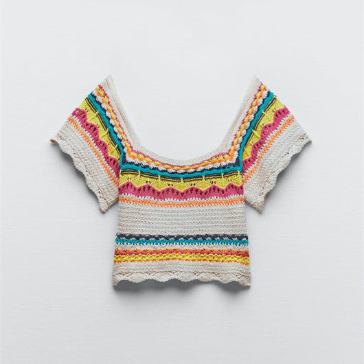 Blusa Tejida Colorblock a Rayas con Mangas Cortas Caladas - Image 5