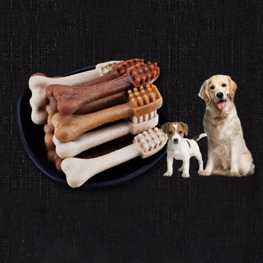 YaHo bone-shaped dog snacks in various brown and tan shades, some with dental nubs, in a black bowl. - Image 11