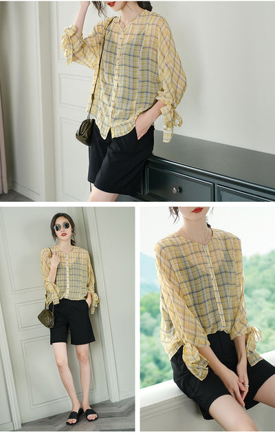 Blusa de Cuadros para Mujer con Mangas 3/4 y Cuello Redondo en Chifón - Image 15