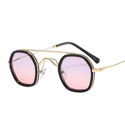 Green hexagonal frame sunglasses with blue to peach gradient lenses and gold-tone double bridge and temples. - Image 7
