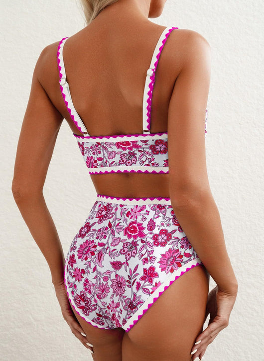 Green and white floral paisley high-waisted bikini swimsuit with scalloped edges on a model. - Image 14