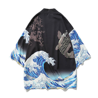 Kimono Hombre y Mujer Estampado Onda Ukiyo-e - Camisa Suelta Manga 3/4 Sección Ligera - Image 2