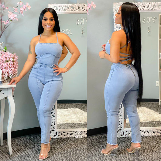 Jumpsuit Denim Ajustado Espalda Descubierta con Tirantes