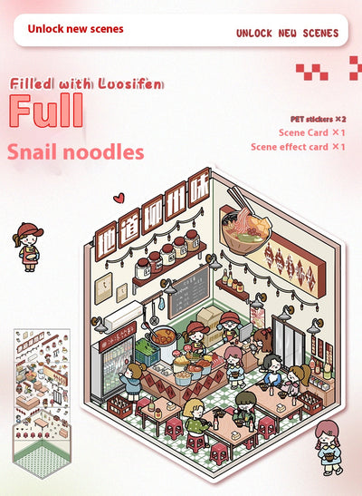 Diy Notebook Decompression Stacking Miniature Sticker set featuring a cute cartoon hot pot shop scene with animal characters. - Image 41