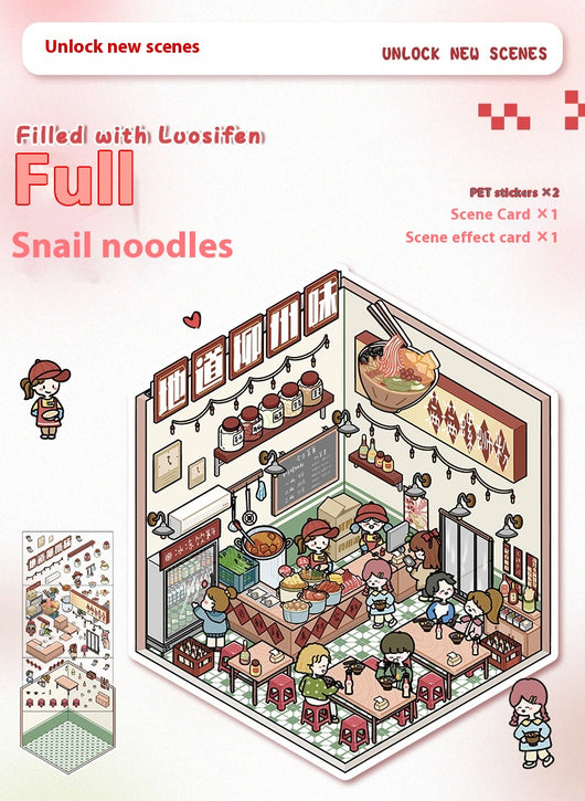 Diy Notebook Decompression Stacking Miniature Sticker set featuring a cute cartoon hot pot shop scene with animal characters. - Image 41