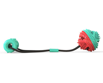 Teal and red pet pull rope toy with a textured molar stick and a spiky ball for training and chewing. - Image 3