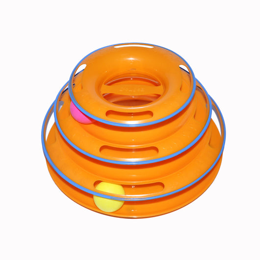 Orange three-layer cat play plate with blue trim, featuring a pink, green, and yellow ball on each level. - Image 2