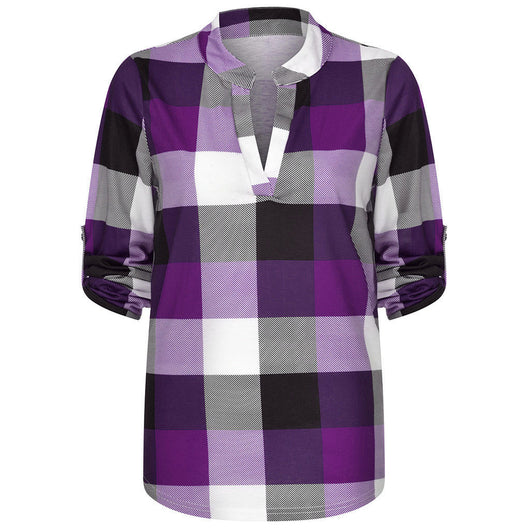 Camisa Casual de Cuadros con Escote en V y Mangas Largas - Image 29
