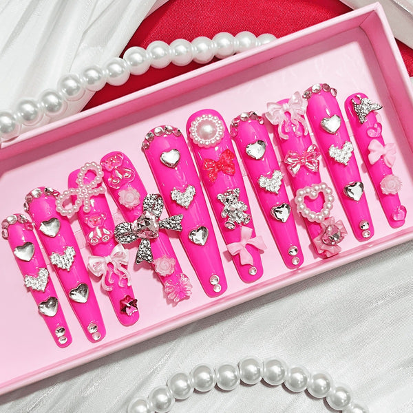 Uñas Postizas Artesanales con Lazo Dulce - Manicura Elegante