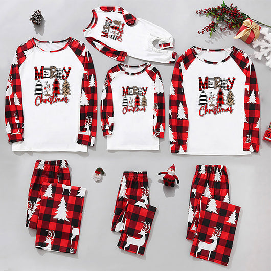 Matching family Christmas pajamas with white tops, red and black plaid sleeves, and pants featuring deer and trees. - Image 4