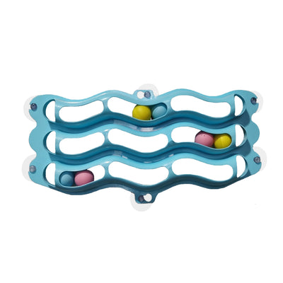 Light blue wavy cat track toy with three levels, colorful balls, and suction cups for window attachment. - Image 13