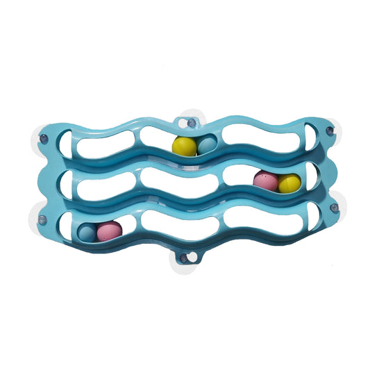 Light blue wavy cat track toy with three levels, colorful balls, and suction cups for window attachment. - Image 13