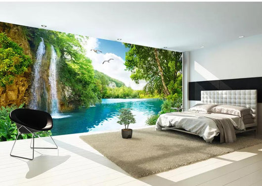 3D wallpaper mural depicting a vibrant landscape with a waterfall, blue lake, lush green trees, and flying birds. - Image 4
