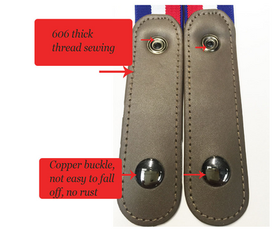 Red, white, and blue striped elastic stretch belt with brown leather-look ends and a silver-tone double buckle. - Image 3