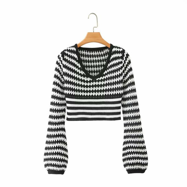 Suéter Rayado Negro y Blanco con Mangas Linterna Suelta y Cuello en V