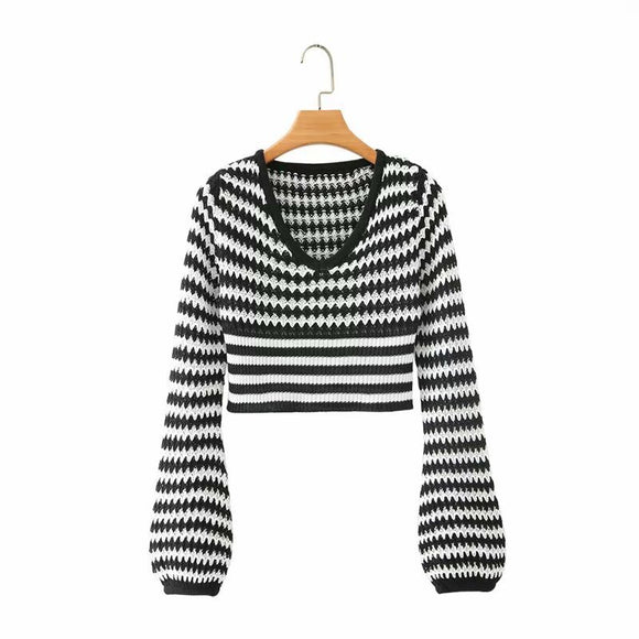 Suéter Rayado Negro y Blanco con Mangas Linterna Suelta y Cuello en V