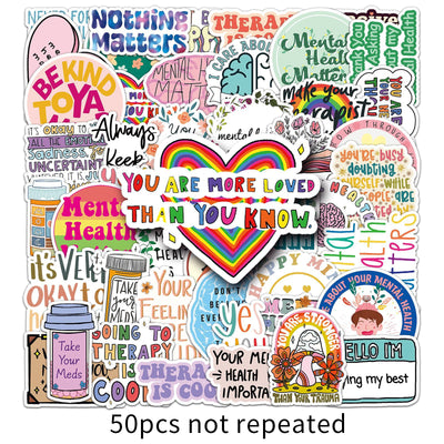 50 mental health graffiti stickers with English slogans, including rainbows, hearts, and positive affirmations. - Image 6