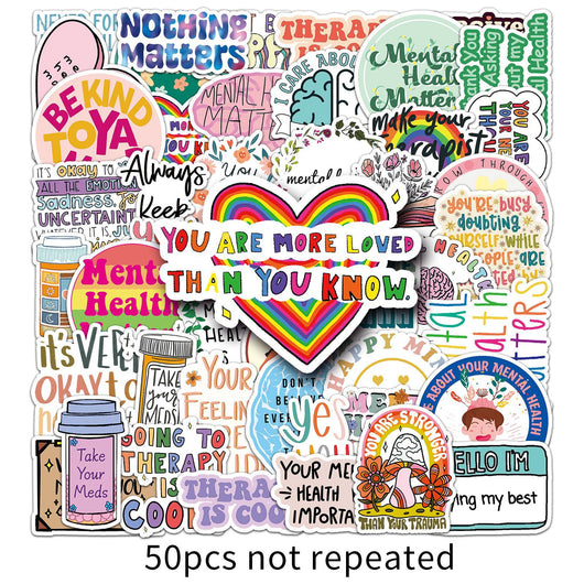 50 mental health graffiti stickers with English slogans, including rainbows, hearts, and positive affirmations. - Image 6
