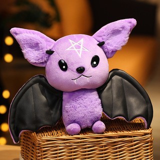 Black bat plush toy with grey ears and belly, pink nose, white fangs, and a yellow crescent moon. - Image 6