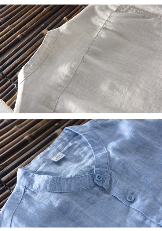 Camisa de Lino y Algodón Transpirable con Cuello de Pie para Hombre - Image 11