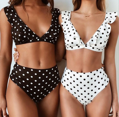 Traje de Baño de Cintura Alta con Borde Floral y Puntos para Mujer