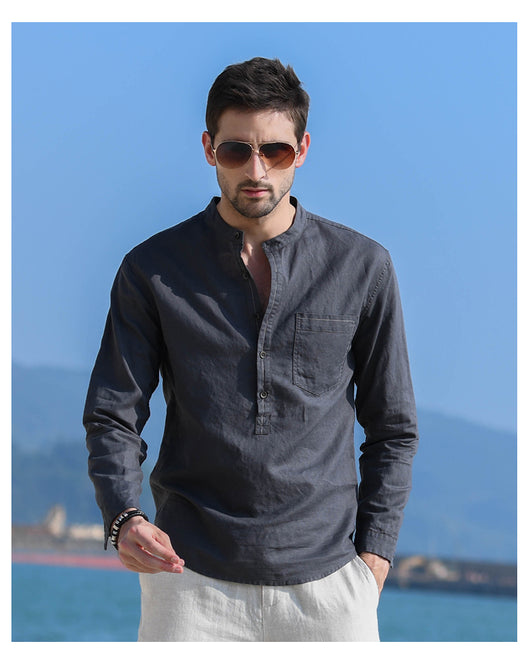 Camisa Casual de Lino y Algodón con Cuello Mao para Hombre - Image 4