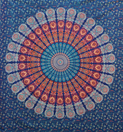 Blue, orange, and red mandala tapestry with intricate floral patterns, ideal for wall decor or dorm rooms. - Image 6