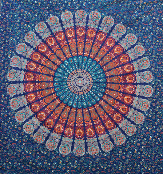 Blue, orange, and red mandala tapestry with intricate floral patterns, ideal for wall decor or dorm rooms. - Image 6