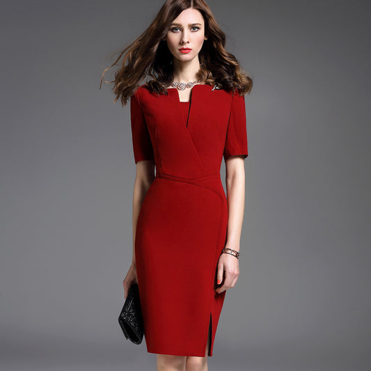 Vestido Rojo Elegante de Manga Media para Mujer - Estilo Intelectual y Sofisticado - Image 2
