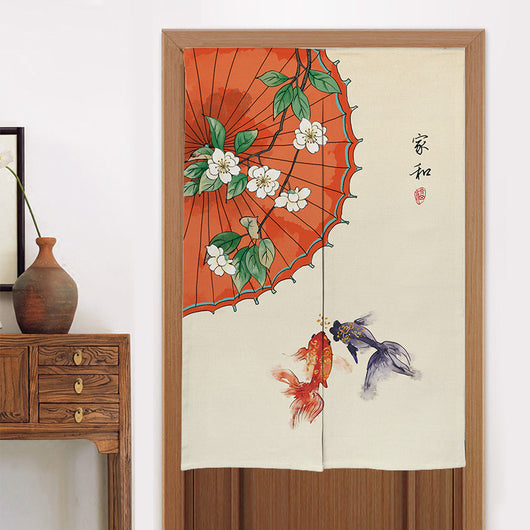 Chinese style fabric door curtain with cherry blossoms, colorful lanterns, and a white cat walking on a beige background. - Image 10