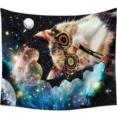 Stoned Cat Tapestry featuring a cat with psychedelic glasses smoking a pipe against a vibrant galaxy background. - Image 3