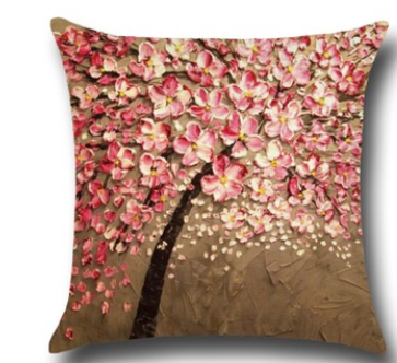 Funda de Cojín de Algodón con Pintura al Óleo Tridimensional - Árboles y Flores - Image 7
