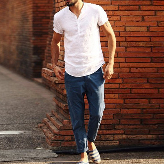 Camisa de Lino y Algodón con Cuello de Pie de Manga Corta - Image 9