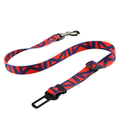 Red pet seat belt with reflective stitching, featuring a metal swivel clip and a black car seat belt buckle. - Image 29