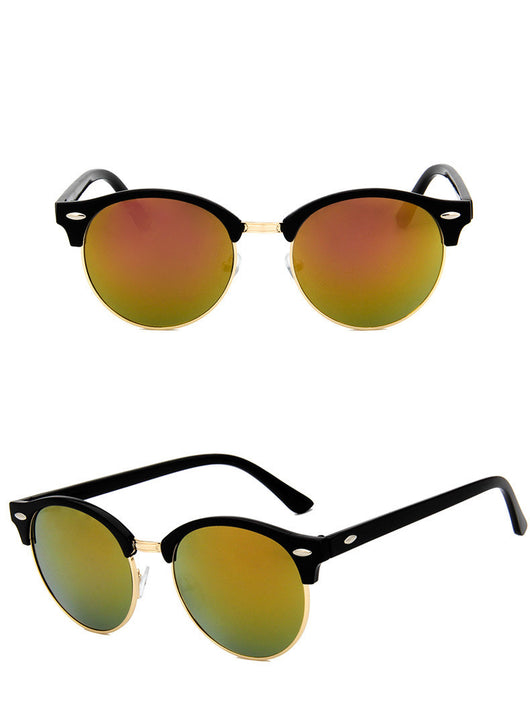 Retro clubmaster sunglasses with black frames, dark lenses, and gold-tone metal accents, shown from multiple angles. - Image 9