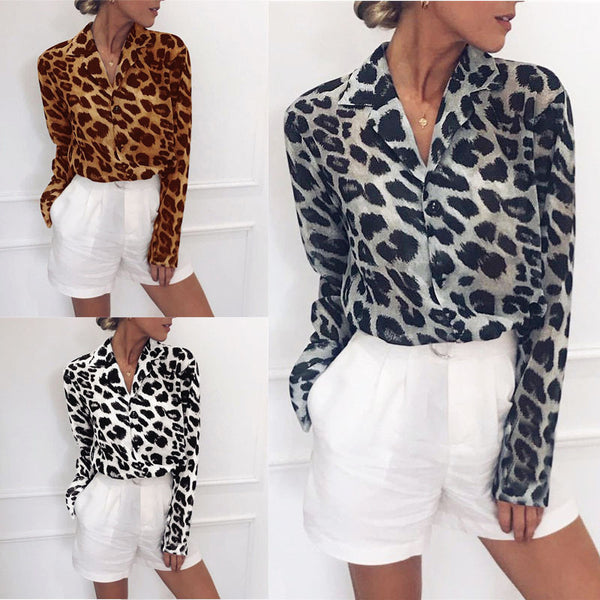 Blusa de Gasa con Estampado de Leopardo y Escote en V