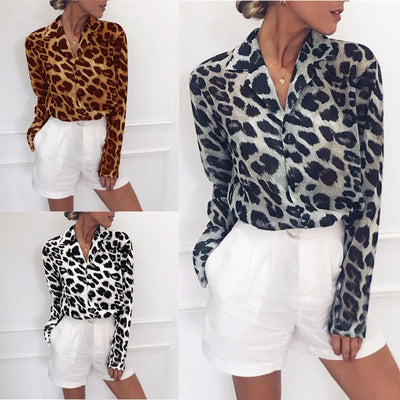 Blusa de Gasa con Estampado de Leopardo y Escote en V