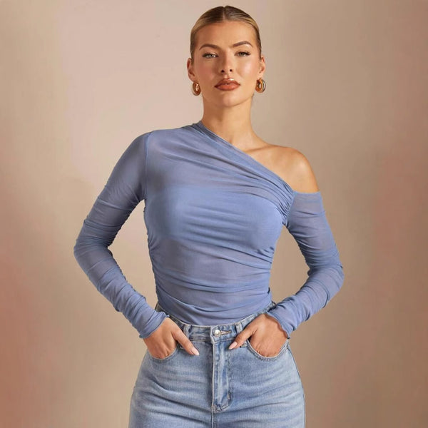 Blusa Larga de Malla Plisada con Manga Larga y Correa al Hombro para Mujer