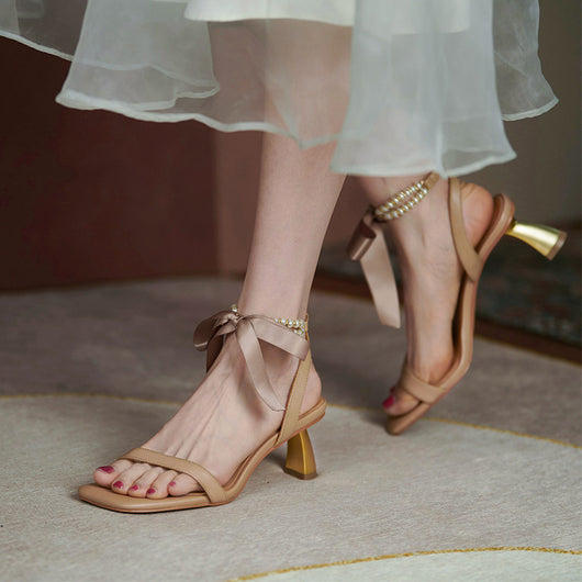 Sandalias de Tacón Grueso con Tira Perla Francesa y Cuero para Mujer - Image 2