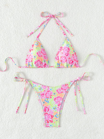Red floral print triangle cup bikini set with matching bottom, featuring a small gold charm on the top. - Image 12