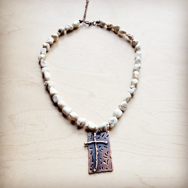 White Turquoise Collar Necklace w/ Copper Cross Pendant 259y