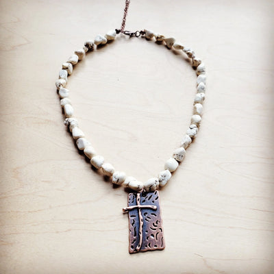 White Turquoise Collar Necklace w/ Copper Cross Pendant 259y