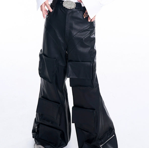 Pantalón de Cuero Ancho Otoñal con Bolsillos Tridimensionales