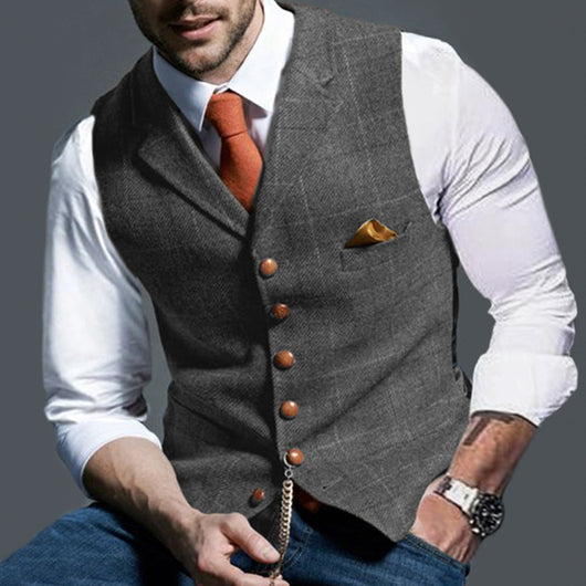 Chaleco Casual de Cuadros con Solapa Ajustado para Hombre