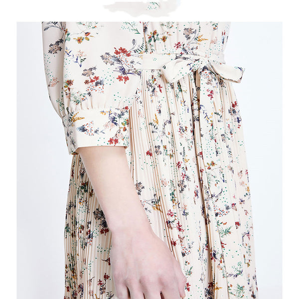 Vestido Plisado Floral A-Line con Cintura Ajustada en Gasa