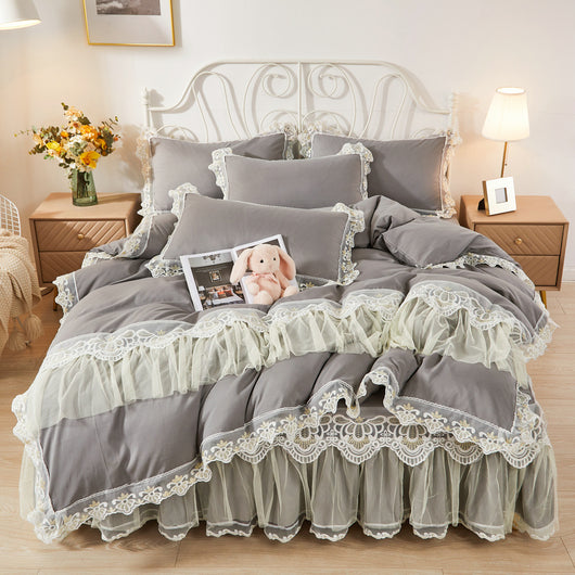 Juego de Cama Princesa Coreana con Falda de Encaje y Edredón de 4 Piezas - Image 7