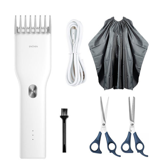 Black cordless hair shaver with a comb attachment and two white indicator lights, with a blurred white shaver in the background. - Image 8